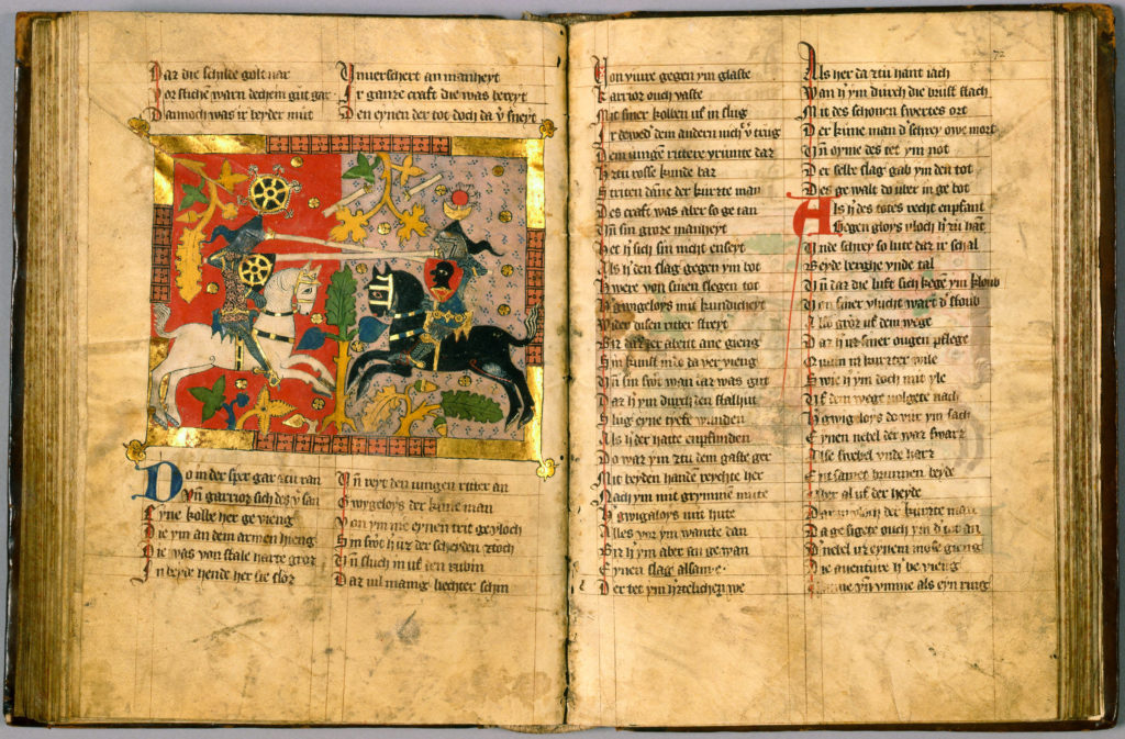 Rijkgeïllustreerd Duits manuscript van Wigalois, een Arturroman. Beeld door Universiteitsbibliotheek Leiden.