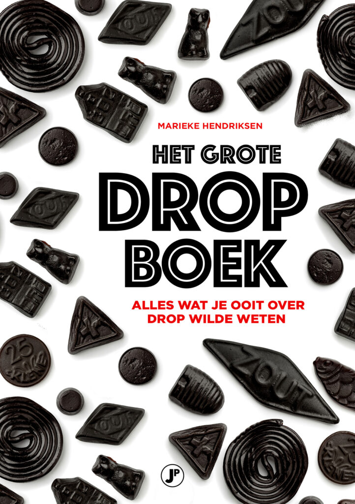 De cover van 'Het Grote Dropboek', bestaande uit een verzameling dropjes tegen een witte achtergrond