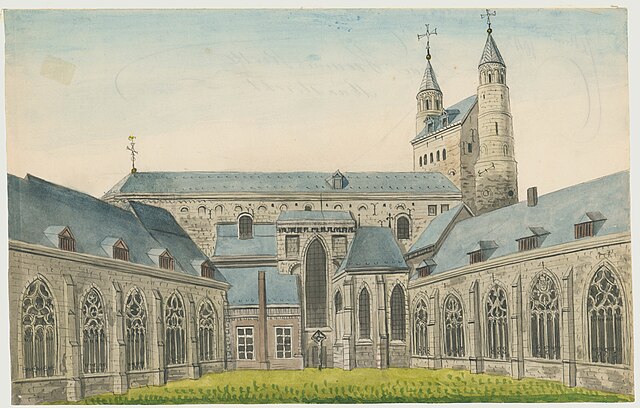 Tekening van Philippe van Gulpen van de pandhof en kruisgangen in de Onze-Lieve-Vrouwekerk in Maastricht.