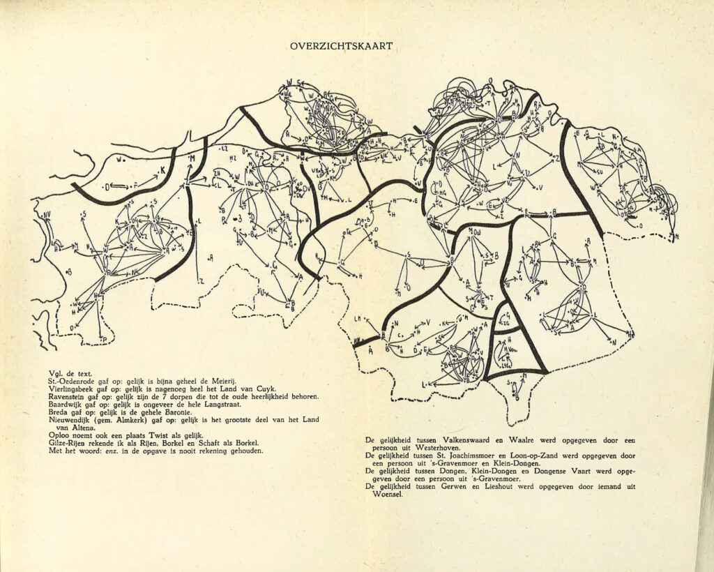 Overzichtskaart Dialectindeling Noord-Brabant: de grenzen tussen de Oost-Noord-Brabantse dialecten onderling.