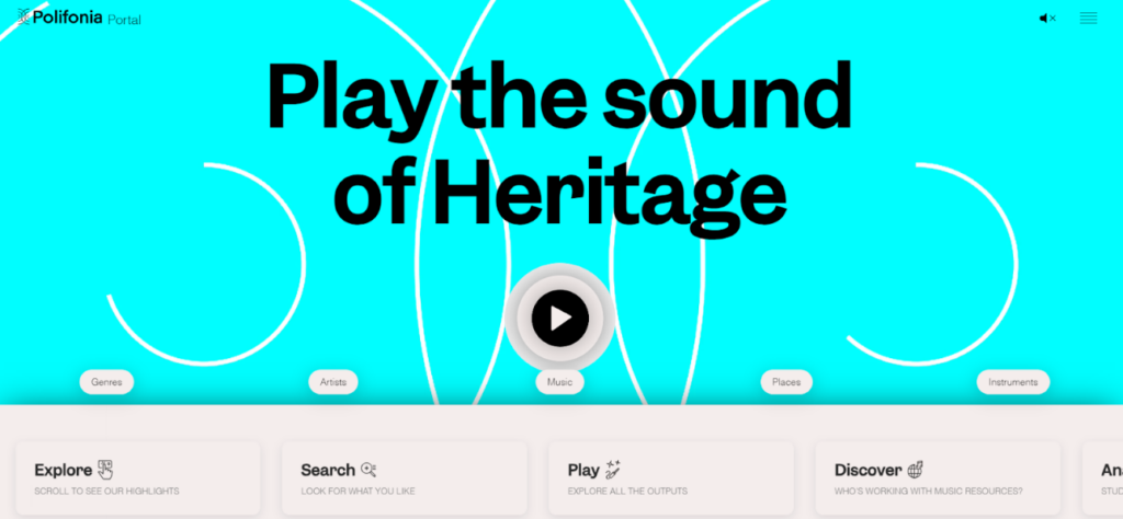 Polifonia Web Portal pagina met tekst: "Play the sound of Heritage" over muzikaal erfgoed.