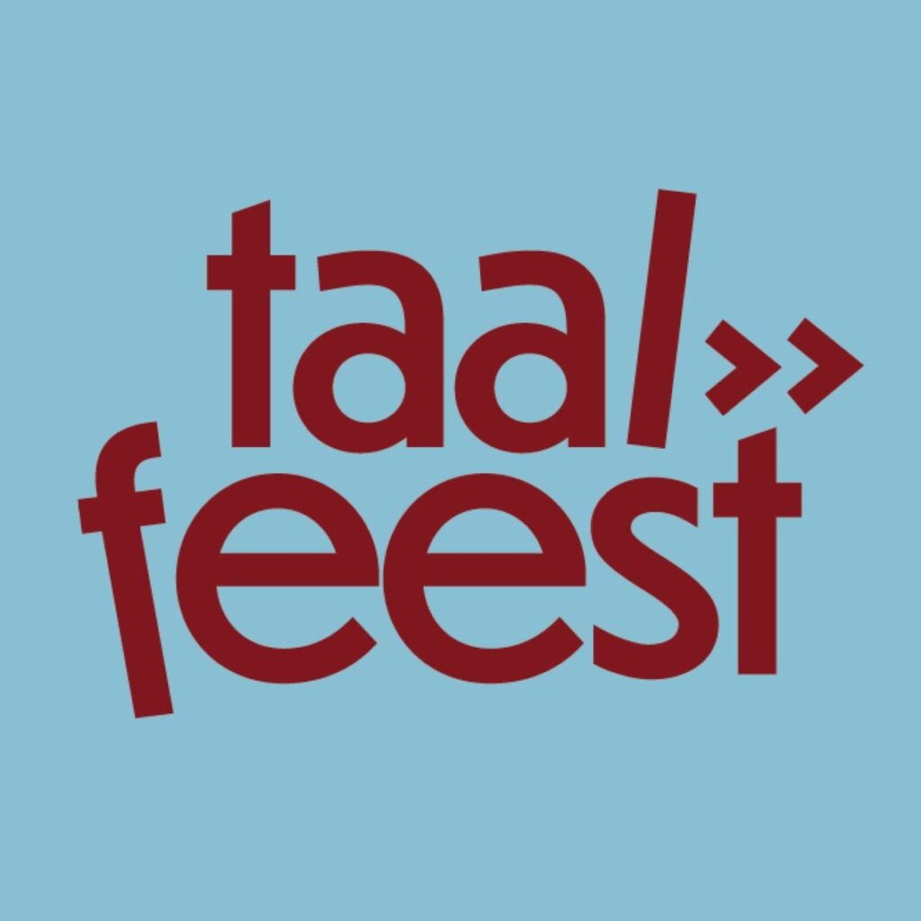 Logo taalfeest: rode tekst op een blauwe achtergrond