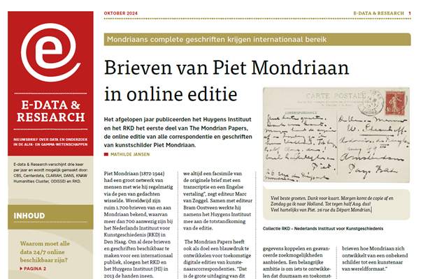 Voorpagina van de oktober editie van e-data & research met als artikel titel: Brieven van Piet Mondriaan in online editie.