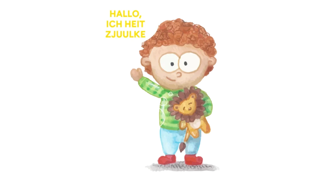 Logo voor Zjuulke. Tekening van een kind met een leeuwenknuffel met de tekst: "Hallo, ich heit Zjuulke."