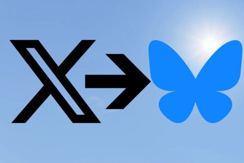 Het logo van X met een pijl richting het logo van BlueSky.