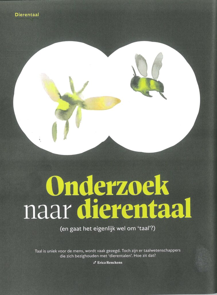 Eerste pagina van het artikel over dierentaal met Leonie Cornips en Marjo van Koppen in Onze Taal