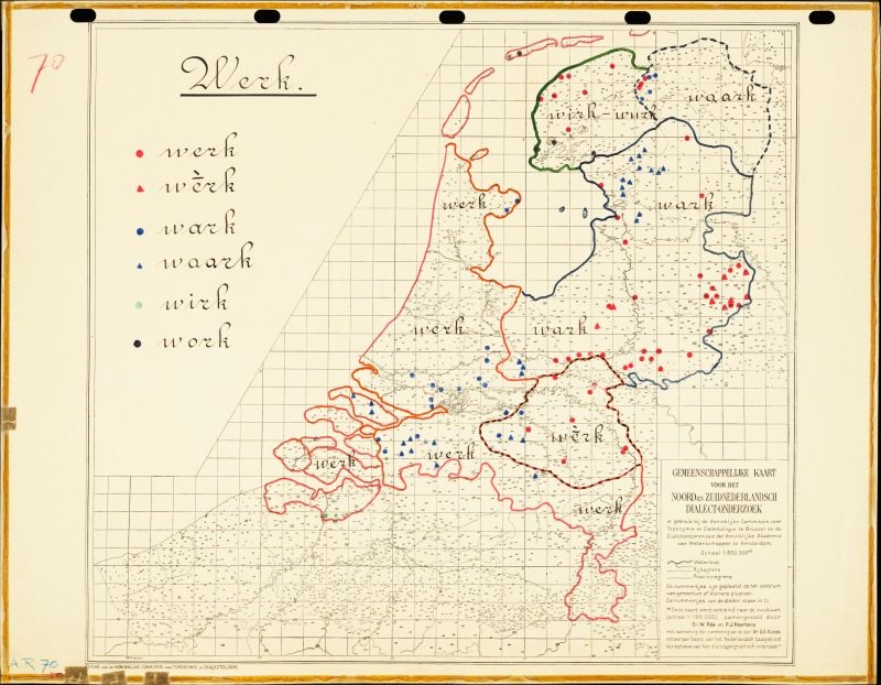 Kaart uit de meertens kaartenbank over de uitspraak van het woord "werk"