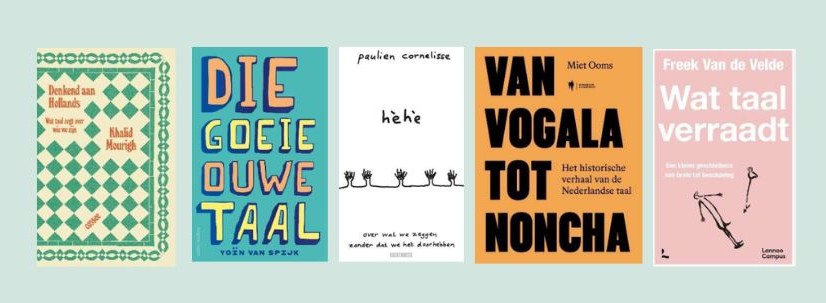 Op een rijtje de vijf covers van de boeken die zijn genomineerd voor de Taalboekenprijs 2025